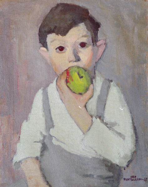 1945, Bambino con mela, olio su tela, 50x40 cm