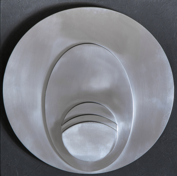 1970, Composizione, metallo (anticorodal) su supporto di legno, 33x33 cm